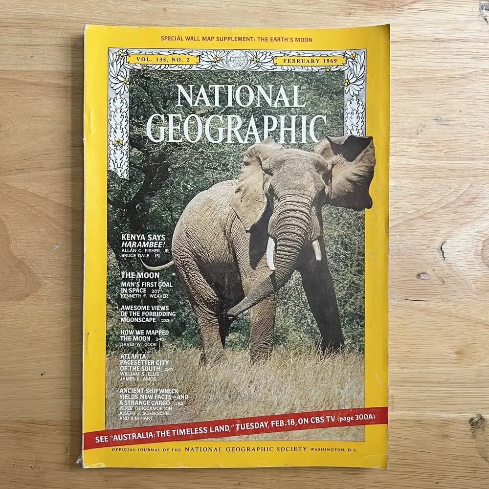 Vintage National Geographic February 1969 Magazine Kenya Moon Atlanta Elephant